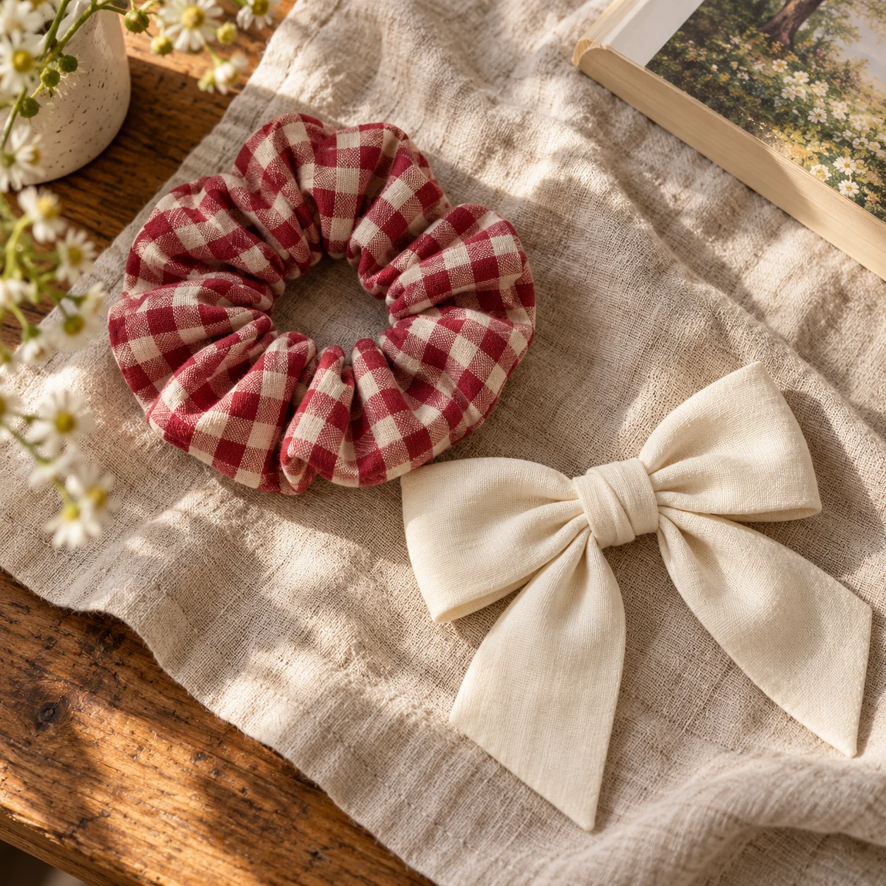 AI concept: berry gingham scrunchie and cream bow on linen