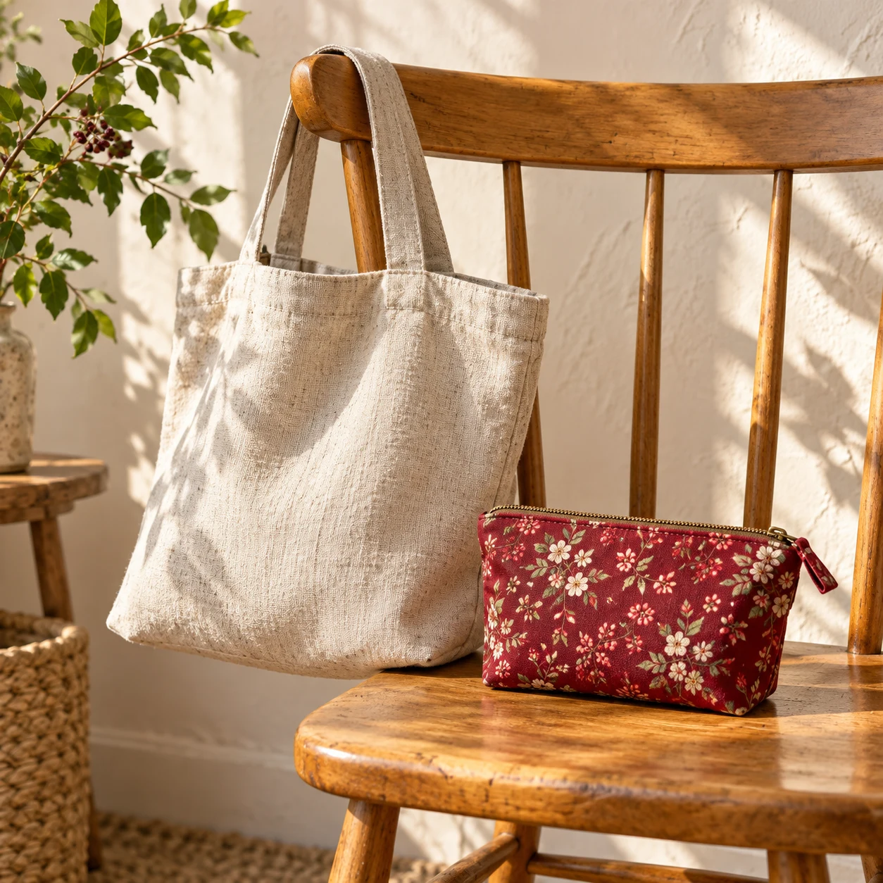 AI concept: natural cloth tote and berry floral pouch on a chair