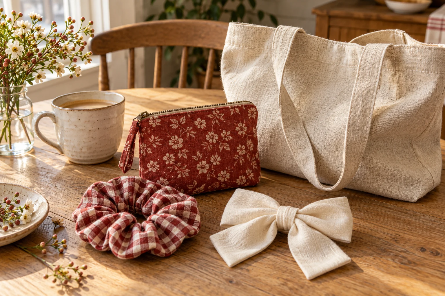 AI styling concept of textile accessories on a sunlit breakfast table