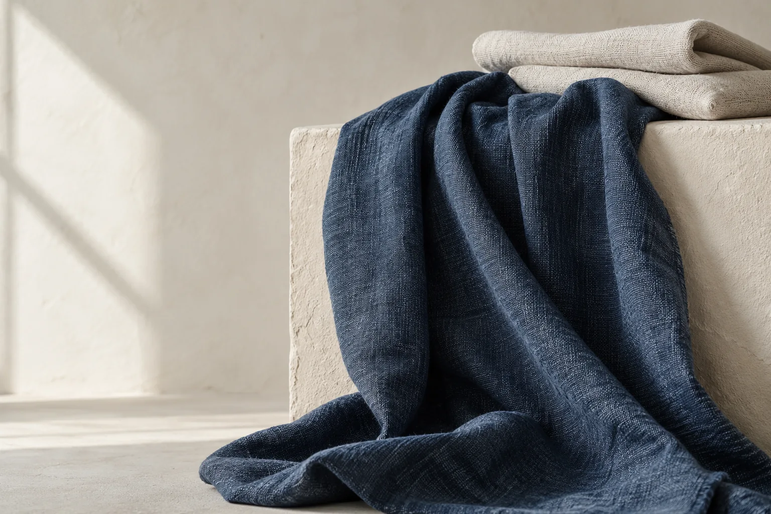 Original concept still life of sculptural indigo cloth and folded ecru textile on a warm plaster plinth